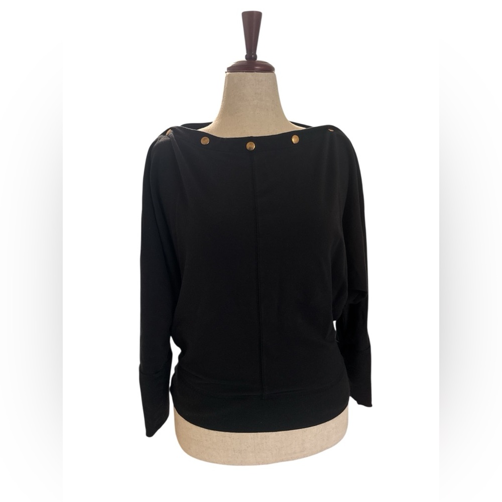 Stella & Dot slouchy black dolman sleeve bronze button‎ top sz L